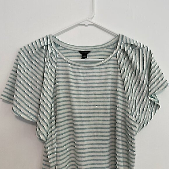 NEW NWT ANN TAYLOR Stripe Flutter Sleeve Tee White Aqua Blue Short Sleeve Knit S - Picture 4 of 12